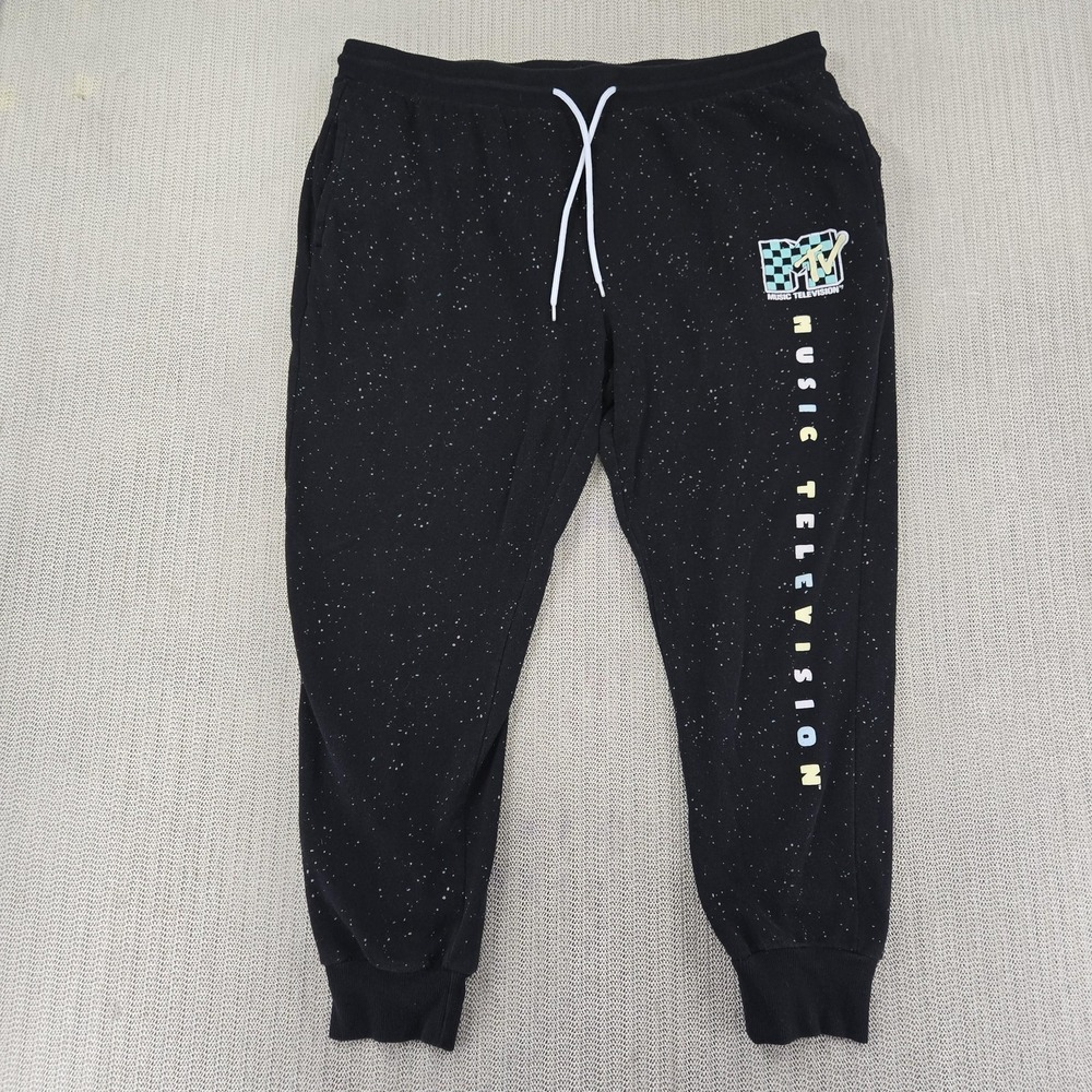 MTV Sweatpants Mens 3XL Black Fleece Joggers Music Television Graphic Logo